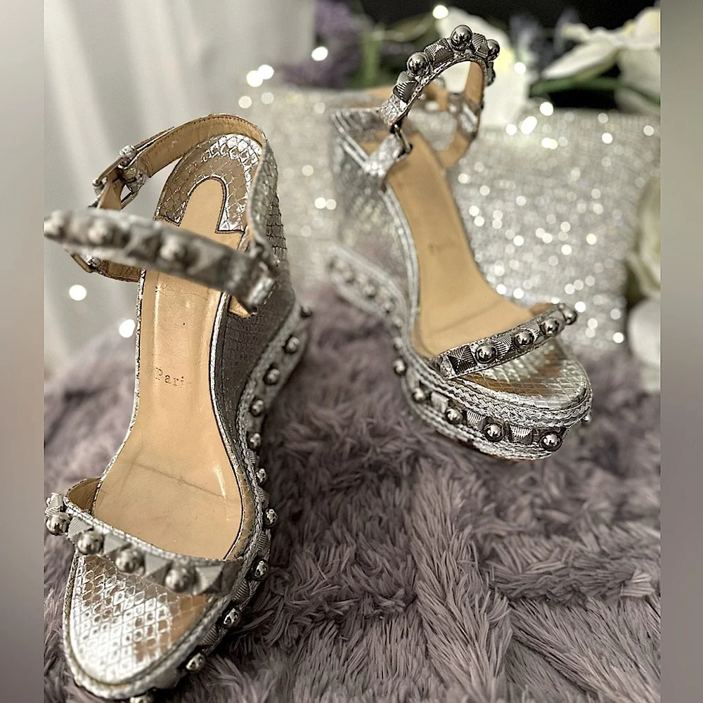 ๐ฅCHRISTIAN LOUBOUTIN 100% AuthSilver Snake&Embellished Platform Espadrille 39 - Picture 1 of 16